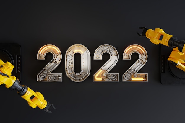 Kostenloses Foto neues jahr 2022 aus mechanischem alphabet mit roboterarm