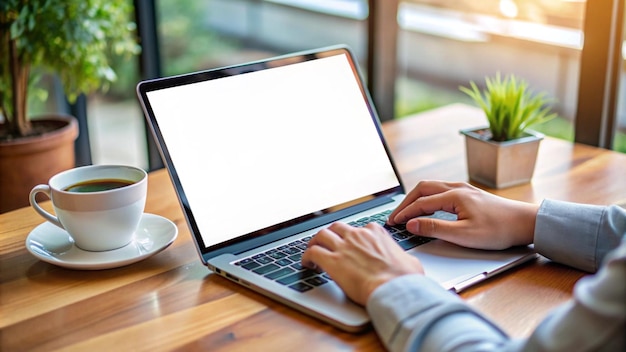 Kostenloses Foto person, die an einem laptop mit kaffee an einem café-tisch arbeitet