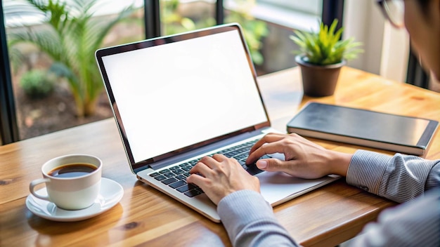 Kostenloses Foto person, die einen laptop mit leerem bildschirm und einer kaffeetasse benutzt