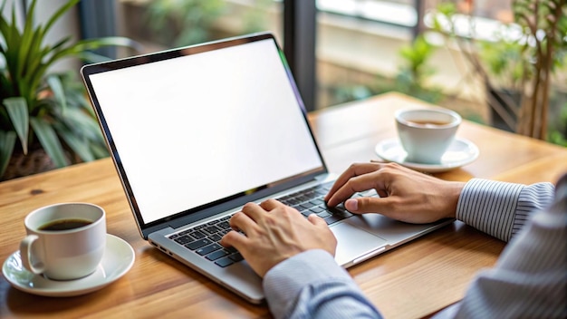 Kostenloses Foto person, die mit kaffee auf dem laptop schreibt