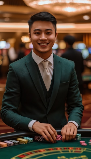 Kostenloses Foto porträt eines mannes, der im casino poker spielt