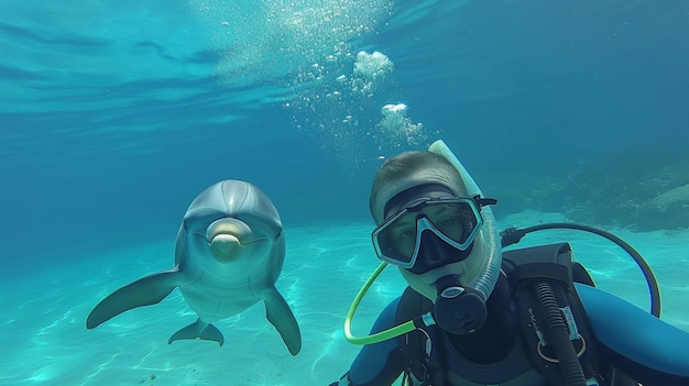 Kostenloses Foto porträt eines tauchers im meerwasser mit meereslebewesen