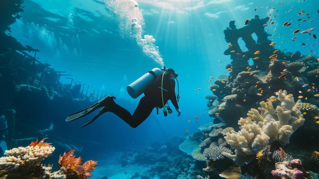 Kostenloses Foto porträt eines tauchers im meerwasser mit meereslebewesen