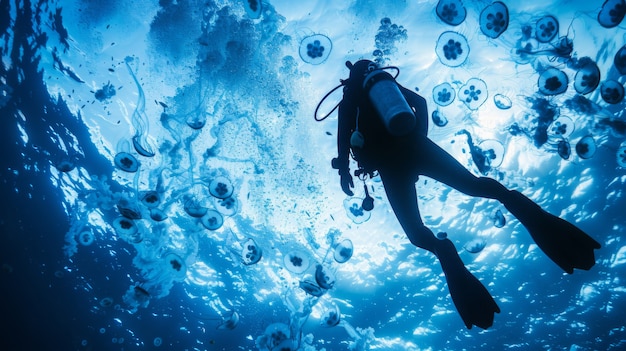 Kostenloses Foto porträt eines tauchers im meerwasser mit meereslebewesen