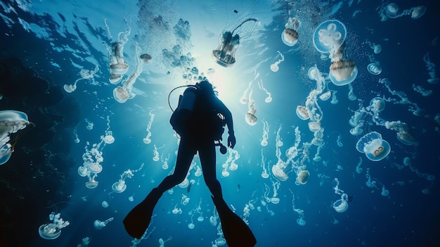 Kostenloses Foto porträt eines tauchers im meerwasser mit meereslebewesen