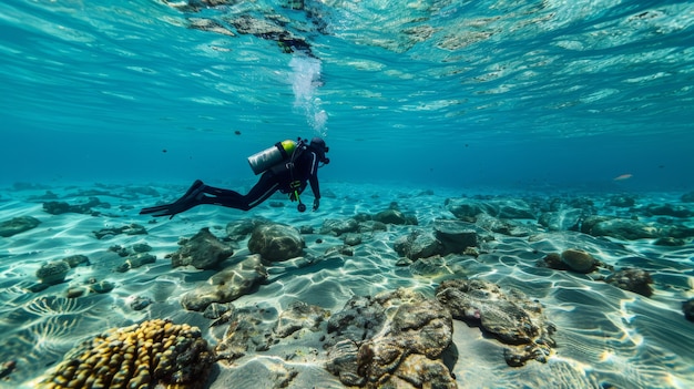 Kostenloses Foto porträt eines tauchers im meerwasser mit meereslebewesen