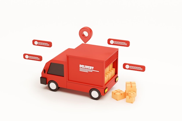 Kostenloses Foto roter lieferwagen liefert express- und pin-zeiger-markierungsstandort und kartons mit bubble-chat-nachricht-liefertransport-logistikkonzept auf weißem hintergrund 3d-rendering-illustration