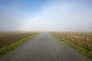 Kostenloses Foto schöne aussicht auf eine betonstraße mit einem feld an den seiten, die mit dichtem nebel bedeckt sind