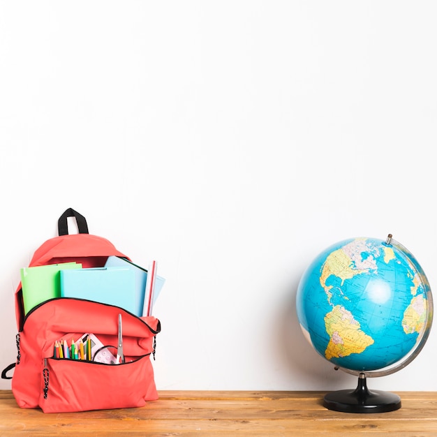 Schultasche mit Kugel auf Tabelle