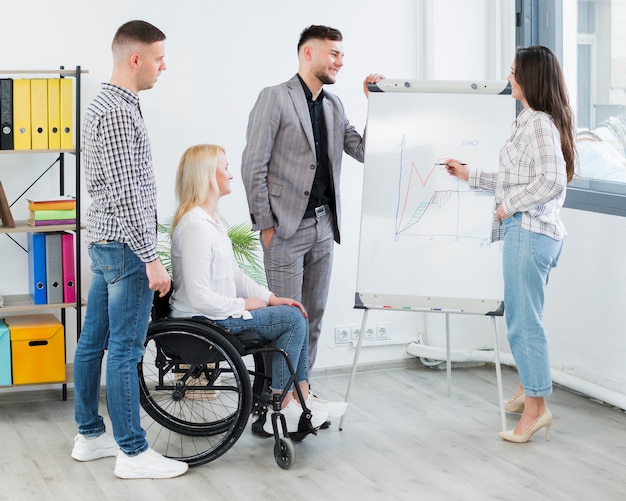 Kostenloses Foto seitenansicht der frau im rollstuhl, die präsentation bei der arbeit besucht