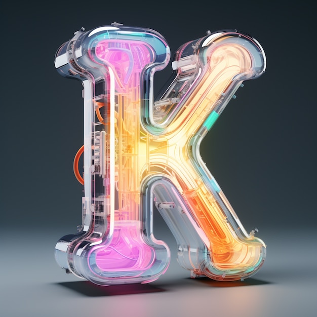 Kostenloses Foto sicht auf den 3d-buchstaben k mit neonfarben