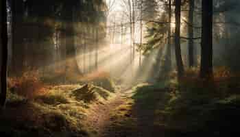 Kostenloses Foto sonnenstrahlen in einem wald mit bäumen und einem weg