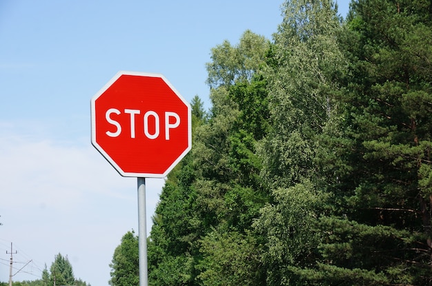 Kostenloses Foto stoppschild neben baumreihe gegen blauen himmel