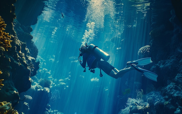 Kostenloses Foto taucher umgeben von wunderschöner unterwassernatur