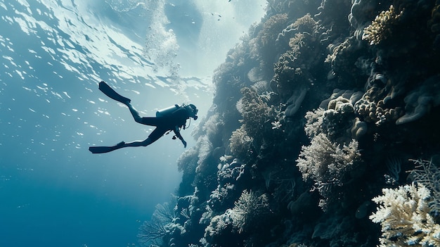 Kostenloses Foto taucher umgeben von wunderschöner unterwassernatur