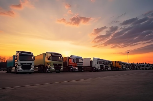 Kostenloses Foto viele transporter parkten an einer tankstelle bei sonnenuntergang ai generative