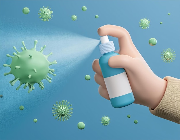 Foto 3d-hand hält eine sprühflasche und sprüht einen nebel auf ein virus 3d-illustration