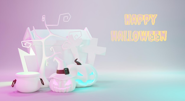 3d Render Happy Halloween Day Weißer moderner Szenenhintergrund mit Neonlicht und niedlichem gruseligem Design Halloween-weiße Kürbisse Schädelgeister und Spinnendekorationen Trick or Treat Party feiern