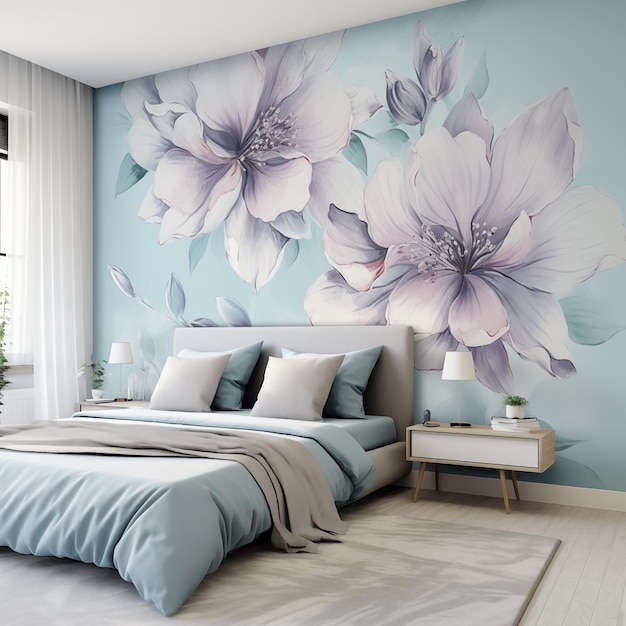 3D-Rendering eines blauen Schlafzimmers mit Blumen an der Wand und Holzboden