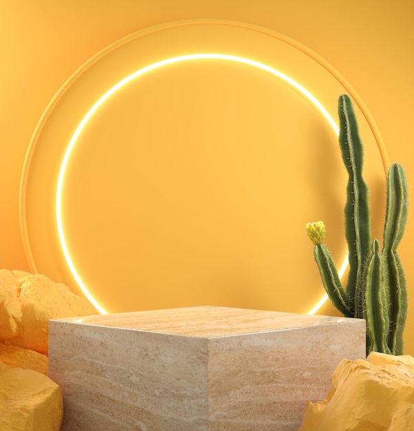 3d-Rendering Modern Minimal Mockup Display Podium Rock Nature Cactus Tropic Light Circle Yellow Abstract Background