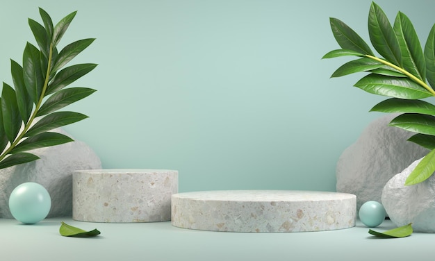 3D-Rendering Modernes, minimales, leeres Ausstellungsstand-Podium mit Tropic Concept Plant und Rock auf mintfarbenen Hintergründen Illustration