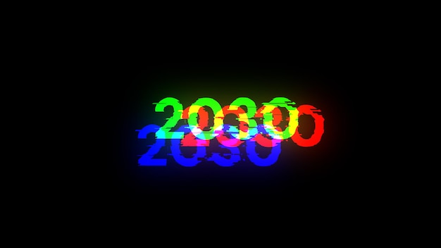 Foto 3d-rendering von text 2030 mit bildschirm-effekten technologischer störungen