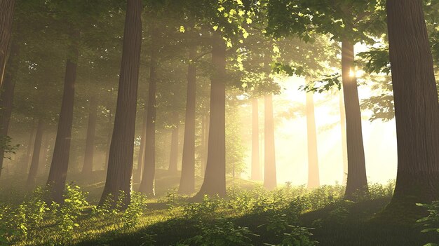 Foto a luz do sol filtrando através de árvores altas em uma floresta serena durante a manhã cedo criando uma atmosfera tranquila com arbustos verdes macios e uma sensação de tranquilidade e solidão