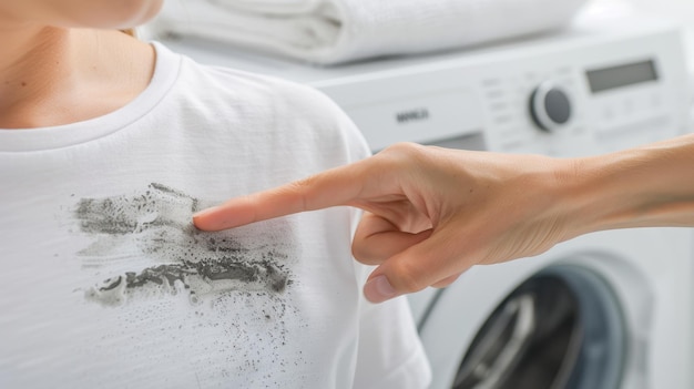 Foto a mão da mãe aponta para uma mancha na camiseta branca de seus filhos brincalhões perto da máquina de lavar