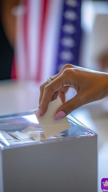 Foto a mão de uma mulher deixa cair um voto em uma urna de vidro transparente cheia de cédulas com a bandeira dos estados unidos