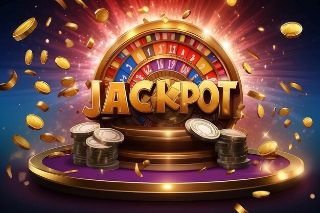 Foto a palavra jackpot cercada por uma moldura luminosa e atributos de jogo no pódio