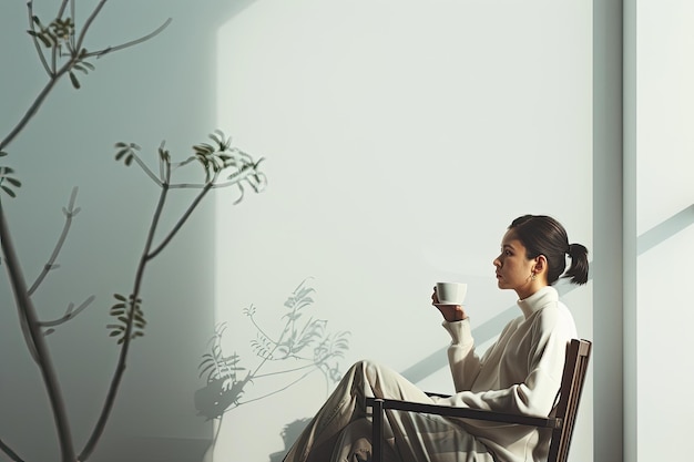 Foto a vista lateral de uma mulher sentada em uma cadeira olhando para uma xícara de café