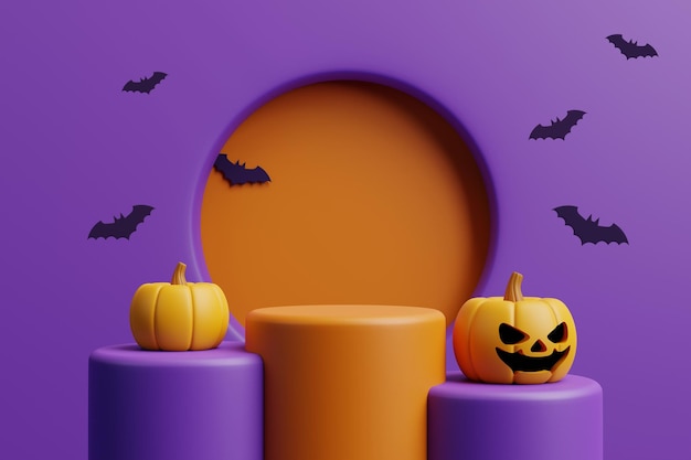 Abóbora Jack o Lantern com pódio para exibição de produtos e morcegos em renderização 3D de fundo roxo