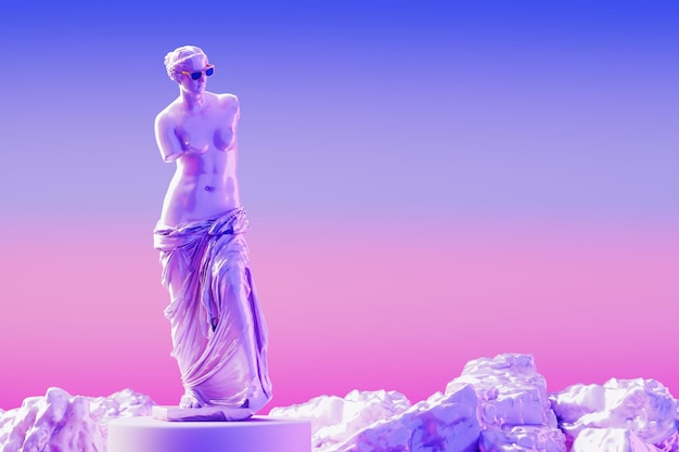 Foto abstract venus-statue mit sonnenbrille steht auf einem sockel in neonlicht 3d-rendering