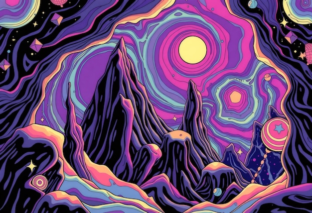 Foto abstrakte psychedelische landschaft mit bergen, sternen und planeten