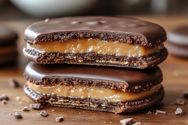 Foto alfajor tradicional com recheio de dulce de leche e revestimento de chocolate escuro