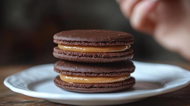 Foto alfajor tradicional com recheio de dulce de leche e revestimento de chocolate escuro