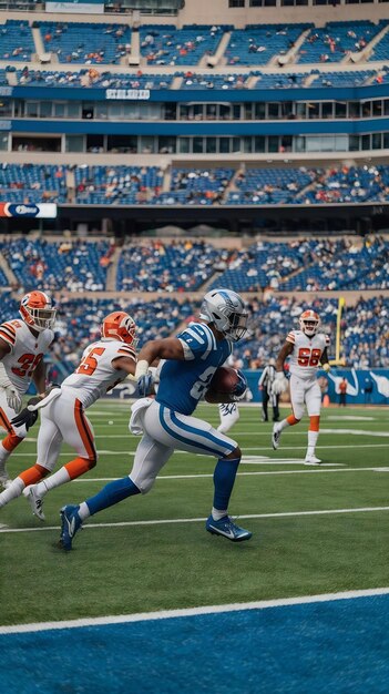 Foto american football stadium field zwei mannschaften konkurrieren erfolgreicher spieler läuft, um einen touchdown zu erzielen poi