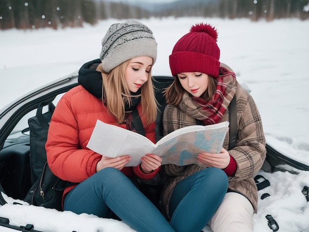 Amigas felizes lendo um mapa sentadas no porta-bagagens do carro durante o inverno