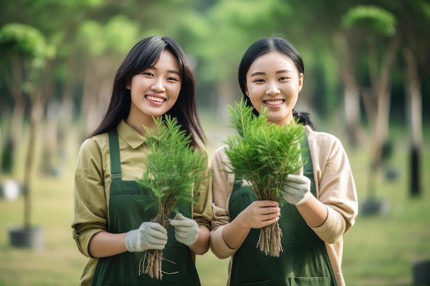 Foto amigos felizes posando com plantas duas mulheres sorrindo