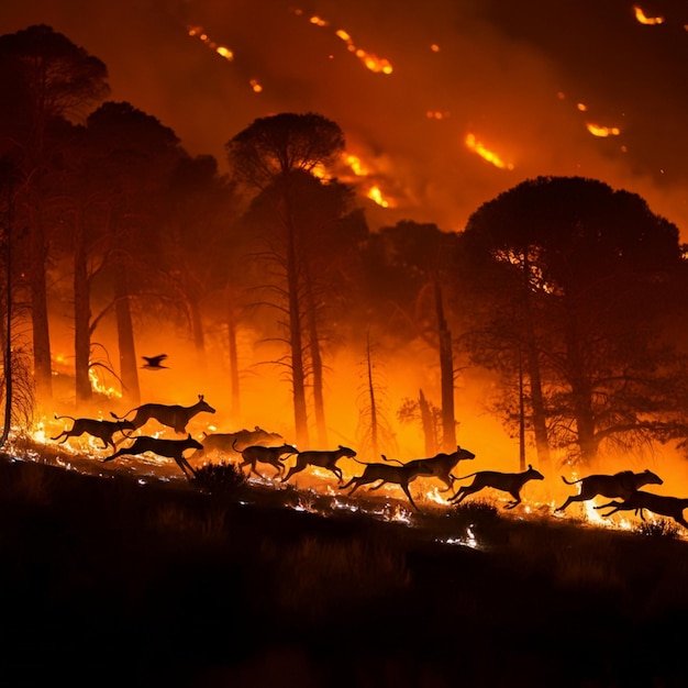 Foto animais correndo do fogo na floresta à noite 13