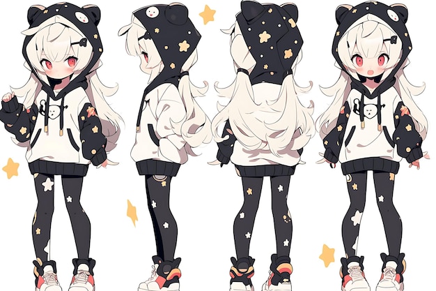 Anime Girl Charakter Design Turnaround Sheet Niedliches Anime-Charakter-Modell im Kawaii-Modestil