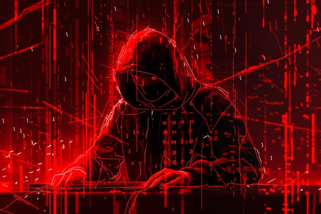 Foto anonymer hacker in hoodie benutzt einen laptop, umgeben von einem digitalen code-bildschirm in einem dunklen cybersicherheitsraum