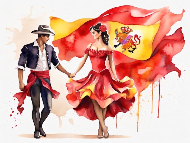 Foto aquarell-spanische flagge mit einem flamenco-tänzer und einem stierkämpfer