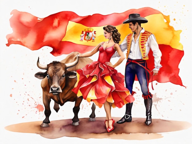 Foto aquarell-spanische flagge mit einem flamenco-tänzer und einem stierkämpfer