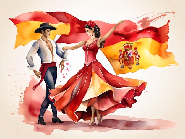 Foto aquarell-spanische flagge mit einem flamenco-tänzer und einem stierkämpfer