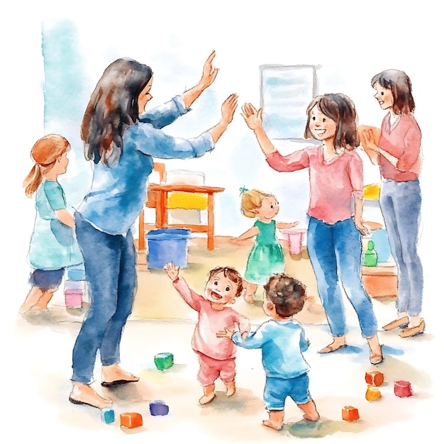 Foto aquarelle von kindern und erwachsenen, die zusammen in einem spielzimmer spielen