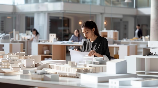 Foto architektin überprüft pläne in einem modernen büro