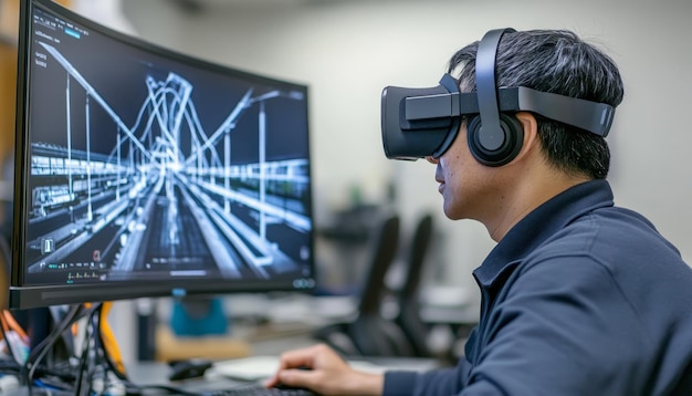 Foto architektonischer ingenieur analysiert brückendesign durch virtuelle realitätstechnologie-lösungen