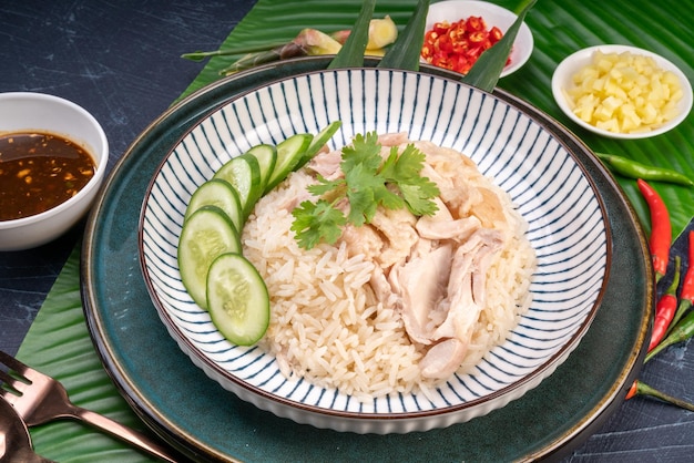 Arroz cozido no vapor coberto com frango em folhas de banana Arroz Hainanês de frango servido com molho de pimenta