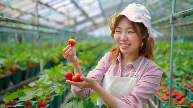 Foto asiatische frau pflückt erdbeeren in einem gewächshaus